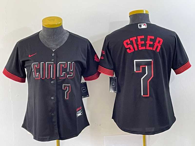 Women%27s Cincinnati Reds #7 Spencer Steer Numer Black 2023 City Connect Cool Base Stitched Baseball Jersey2